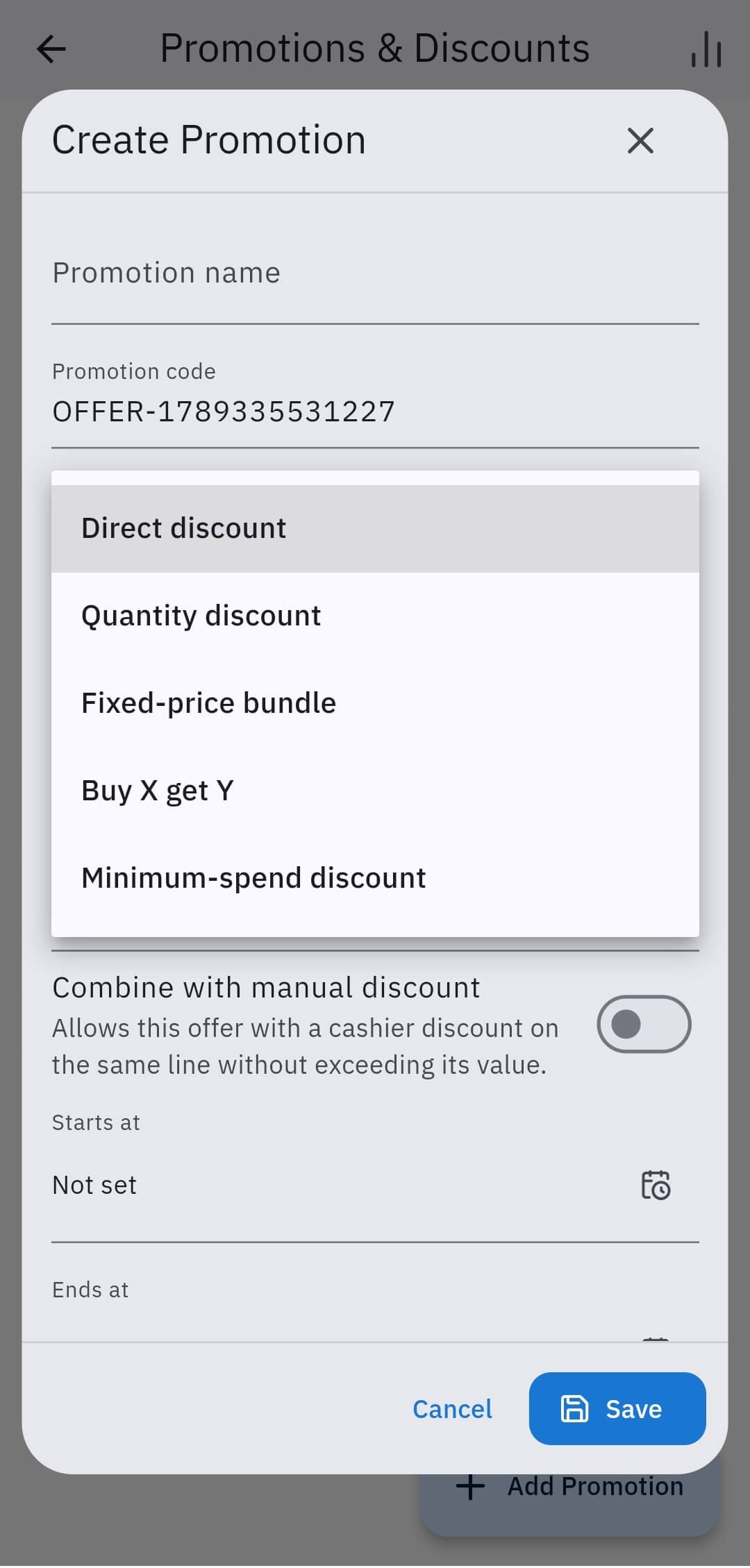 TapBix Promotions and Discounts screen showing promotion types including direct discount, quantity discount, fixed-price bundle, Buy X get Y and minimum-spend discount