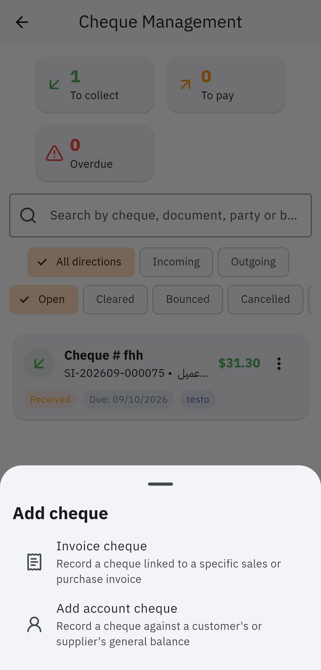 TapBix Cheque Management screen showing incoming and outgoing cheques, overdue status, cheque lifecycle states, and adding invoice or account cheques