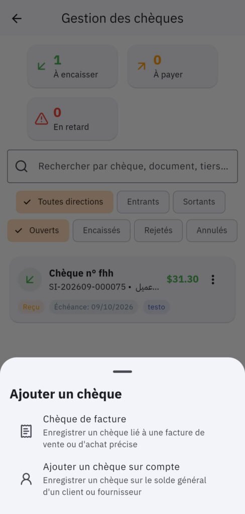Écran de gestion des chèques dans TapBix en français avec chèques à encaisser, à payer, en retard et états du cycle de vie