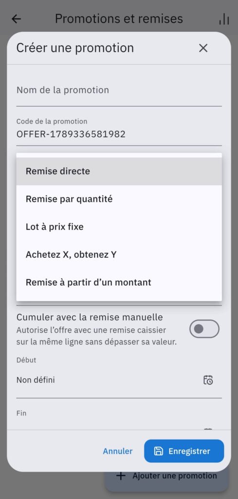 Écran Promotions et remises dans TapBix en français montrant plusieurs types de promotions et remises